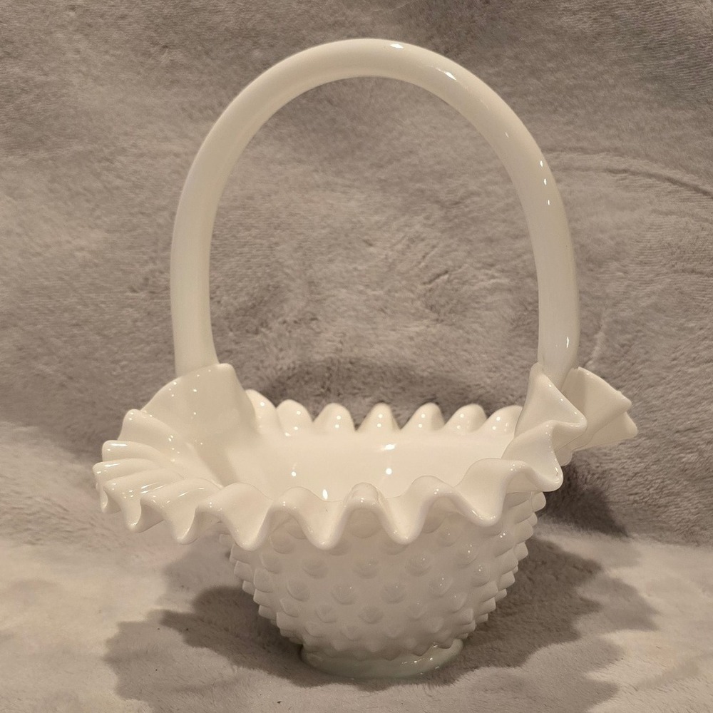 Vintage Fenton White Hobnail Milk Glass Basket Ruffled Edge Applied Handle